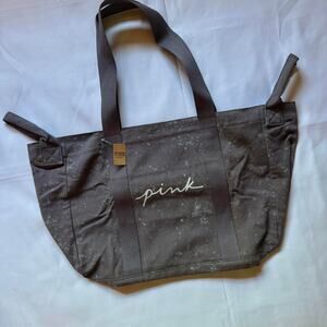 NWT PINK Large Canvas Grey Tote Bag Beach Vacation Travel Shopping Purse
